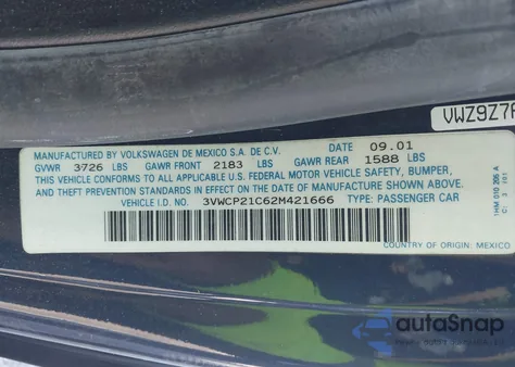 2002 Volkswagen New Beetle Gls Tdi z USA, uszkodzony, nr VIN 3VWCP21C62M421666
